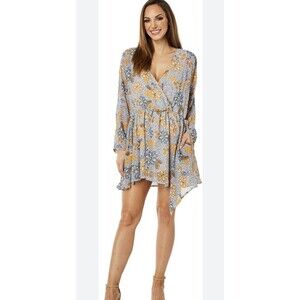 Free People Teegan Floral Long Sleeve Mini Dress Sky Combo Blue SRP $128 Sz L
